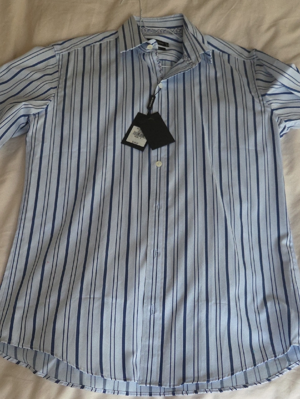 Bugatchi Stripe All Men's Shirt.  Light Blue With Navy stripes. Men's Size Small